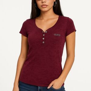 Guess Burnout Henley Tee Berry Purple burgundy S Rhinestone Pocket Soft Norm Fem